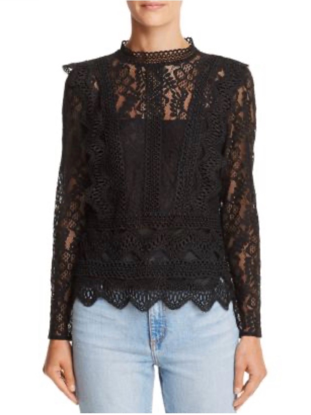 LUCY PARIS Black  romantic Lace Long-Sleeve Mock Neck Top L
